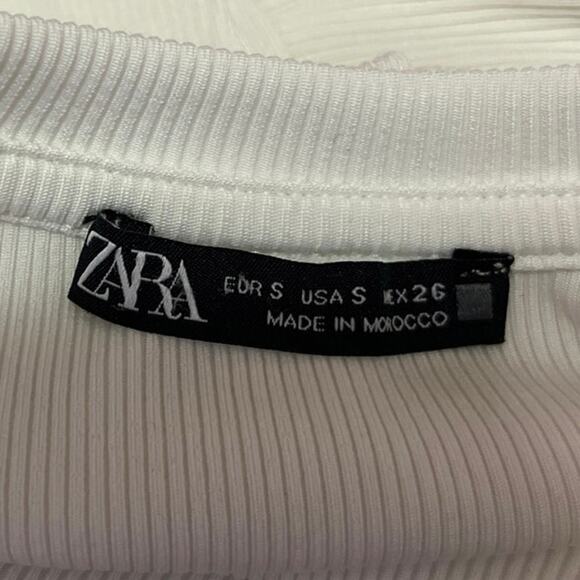 Zara Women's White Puff Sleeve Mesh Ruched Ribbed Knit Pullover Blouse Top Sz S - Picture 5 of 6